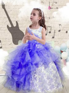 Scoop Blue Sleeveless Beading and Ruffles Floor Length Pageant Gowns For Girls