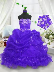 Trendy Organza Sweetheart Sleeveless Lace Up Beading and Ruffled Layers and Pick Ups Kids Pageant Dress in Blue