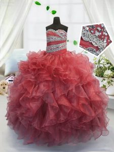 Eye-catching Coral Red Sleeveless Floor Length Beading and Ruffles Lace Up Child Pageant Dress