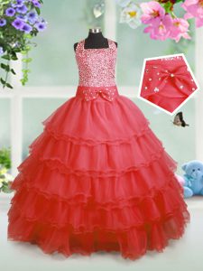 Floor Length Ball Gowns Sleeveless Coral Red Little Girl Pageant Gowns Zipper