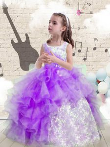 Charming Eggplant Purple Organza Lace Up Scoop Sleeveless Floor Length Little Girls Pageant Dress Beading and Ruffled Layers