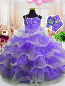 Trendy Eggplant Purple Ball Gowns Beading and Ruffled Layers Little Girl Pageant Gowns Zipper Organza Sleeveless Floor Length