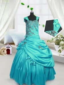 Fashionable Straps Sleeveless Little Girl Pageant Dress Floor Length Beading and Pick Ups Turquoise Satin