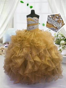 Beading and Ruffles Pageant Gowns For Girls Gold Lace Up Sleeveless Floor Length