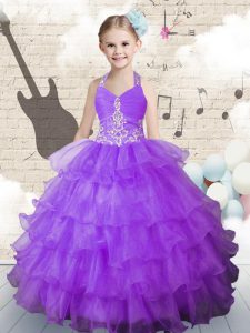 Halter Top Lavender Lace Up Little Girls Pageant Gowns Beading and Ruffled Layers Sleeveless Floor Length
