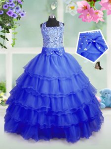 Royal Blue Ball Gowns Organza Square Sleeveless Beading and Ruffled Layers Floor Length Zipper Pageant Gowns For Girls
