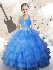 Light Blue Halter Top Lace Up Beading and Ruffled Layers Little Girls Pageant Gowns Sleeveless
