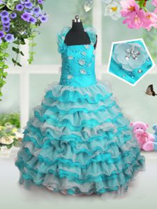 Floor Length Blue And White Little Girls Pageant Dress Organza Sleeveless Beading and Appliques and Ruffled Layers