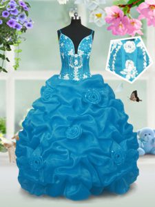 Beauteous Baby Blue V-neck Neckline Beading and Pick Ups Kids Formal Wear Sleeveless Lace Up