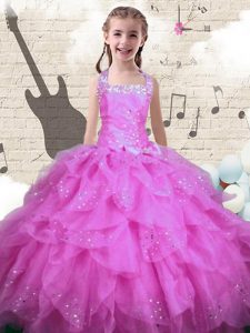 Halter Top Sleeveless Lace Up Kids Pageant Dress Rose Pink Organza