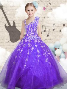 Cute Lilac Pageant Gowns For Girls Party and Wedding Party with Beading and Appliques and Hand Made Flower Asymmetric Sleeveless Lace Up