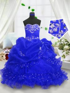 Organza Sweetheart Sleeveless Lace Up Beading and Ruffled Layers and Pick Ups Girls Pageant Dresses in Royal Blue
