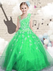 Elegant Green Lace Up Kids Pageant Dress Beading and Appliques and Hand Made Flower Sleeveless Floor Length