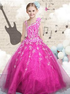 Eye-catching Floor Length Lace Up Pageant Gowns For Girls Hot Pink for Party and Wedding Party with Beading