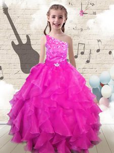 One Shoulder Hot Pink Sleeveless Floor Length Beading and Ruffles Lace Up Child Pageant Dress