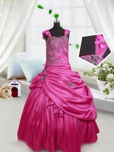 Hot Pink Girls Pageant Dresses Party and Wedding Party with Beading and Pick Ups Straps Sleeveless Lace Up