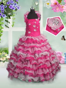 Superior Hot Pink Ball Gowns Straps Sleeveless Organza Floor Length Lace Up Beading and Appliques and Ruffled Layers Little Girls Pageant Dress