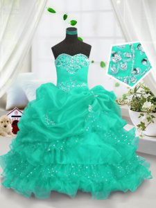 Cheap Turquoise Lace Up Sweetheart Beading and Ruffled Layers and Pick Ups Pageant Gowns For Girls Organza Sleeveless
