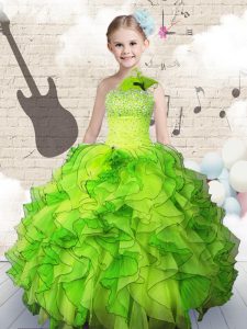 Classical Ball Gowns One Shoulder Sleeveless Organza Floor Length Lace Up Beading and Ruffles Little Girls Pageant Gowns
