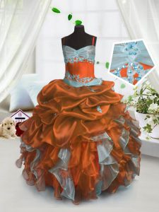 Rust Red Ball Gowns Spaghetti Straps Sleeveless Organza Floor Length Lace Up Beading and Ruffles and Pick Ups Girls Pageant Dresses