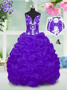 Dazzling Beading and Pick Ups Little Girls Pageant Dress Wholesale Purple Lace Up Sleeveless Floor Length