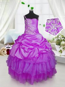 Custom Made One Shoulder Lavender Sleeveless Floor Length Beading and Ruffled Layers and Pick Ups Lace Up Little Girl Pageant Gowns