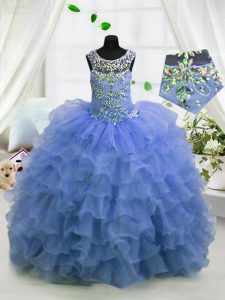 Latest Scoop Light Blue Sleeveless Beading and Ruffled Layers Floor Length Little Girl Pageant Gowns
