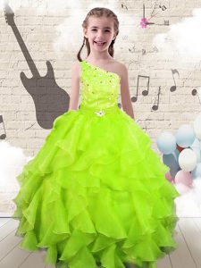 One Shoulder Sleeveless Organza Floor Length Lace Up Little Girl Pageant Dress in Yellow Green with Beading and Ruffles