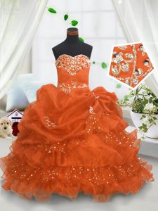 Customized Orange Ball Gowns Organza Sweetheart Sleeveless Beading and Ruffled Layers and Pick Ups Floor Length Lace Up Little Girl Pageant Dress
