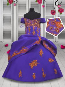 Attractive Ball Gowns Little Girls Pageant Dress Purple Off The Shoulder Satin Sleeveless Floor Length Lace Up