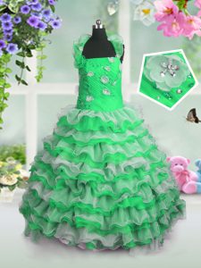 Sleeveless Lace Up Floor Length Beading and Appliques and Ruffled Layers Little Girls Pageant Dress Wholesale
