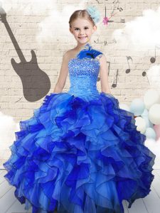 Navy Blue Sleeveless Organza Lace Up Girls Pageant Dresses for Party and Wedding Party