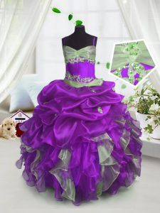 Classical Floor Length Lace Up Little Girl Pageant Dress Lavender for Party and Wedding Party with Beading and Ruffles and Pick Ups