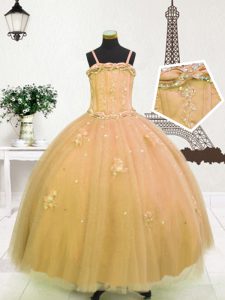 Light Yellow and Gold Sleeveless Floor Length Beading and Appliques Zipper Girls Pageant Dresses