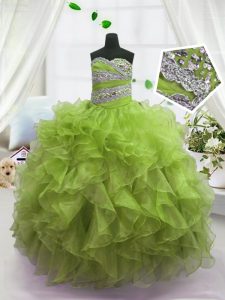 Floor Length Lace Up Kids Formal Wear Olive Green for Party and Wedding Party with Beading and Ruffles