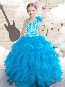 Perfect Baby Blue Organza Lace Up One Shoulder Sleeveless Floor Length Little Girls Pageant Dress Wholesale Embroidery and Ruffles and Hand Made Flower