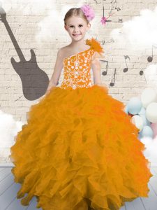 One Shoulder Orange Sleeveless Organza Lace Up Pageant Gowns For Girls for Party and Wedding Party