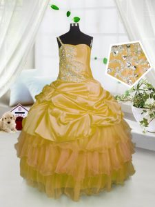 Fancy One Shoulder Orange Sleeveless Floor Length Beading and Ruffled Layers and Pick Ups Lace Up Kids Pageant Dress