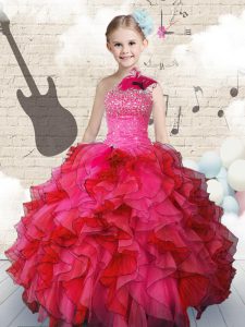 One Shoulder Organza Sleeveless Floor Length Little Girls Pageant Gowns and Beading and Ruffles