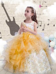 On Sale Scoop Sleeveless Floor Length Beading and Ruffles Lace Up Little Girl Pageant Gowns with Orange