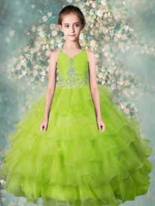 Beautiful Yellow Green Organza Zipper Halter Top Sleeveless Floor Length Little Girl Pageant Dress Beading and Ruffled Layers