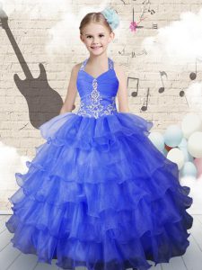 Unique Royal Blue Child Pageant Dress Party and Wedding Party with Beading and Ruffled Layers Halter Top Sleeveless Lace Up