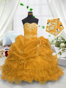 High Class Gold Little Girls Pageant Gowns Party and Wedding Party with Beading and Ruffled Layers and Pick Ups Sweetheart Sleeveless Lace Up