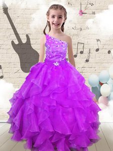 One Shoulder Sleeveless Floor Length Beading and Ruffles Lace Up Little Girl Pageant Gowns with Fuchsia