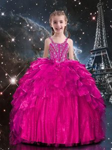 Lovely Spaghetti Straps Sleeveless Organza Little Girl Pageant Gowns Beading and Ruffles Lace Up