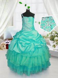 Best Turquoise Lace Up Strapless Beading and Ruffled Layers and Pick Ups Kids Pageant Dress Organza Sleeveless