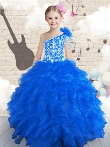 Floor Length Navy Blue Little Girl Pageant Dress One Shoulder Sleeveless Lace Up