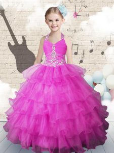 Low Price Halter Top Sleeveless Floor Length Beading and Ruffled Layers Lace Up Kids Formal Wear with Fuchsia