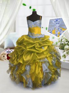 Cheap Pick Ups Spaghetti Straps Sleeveless Lace Up Little Girls Pageant Gowns Gold Organza