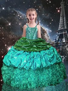 Dramatic Sleeveless Organza Floor Length Lace Up Kids Pageant Dress in Green with Beading and Ruffles